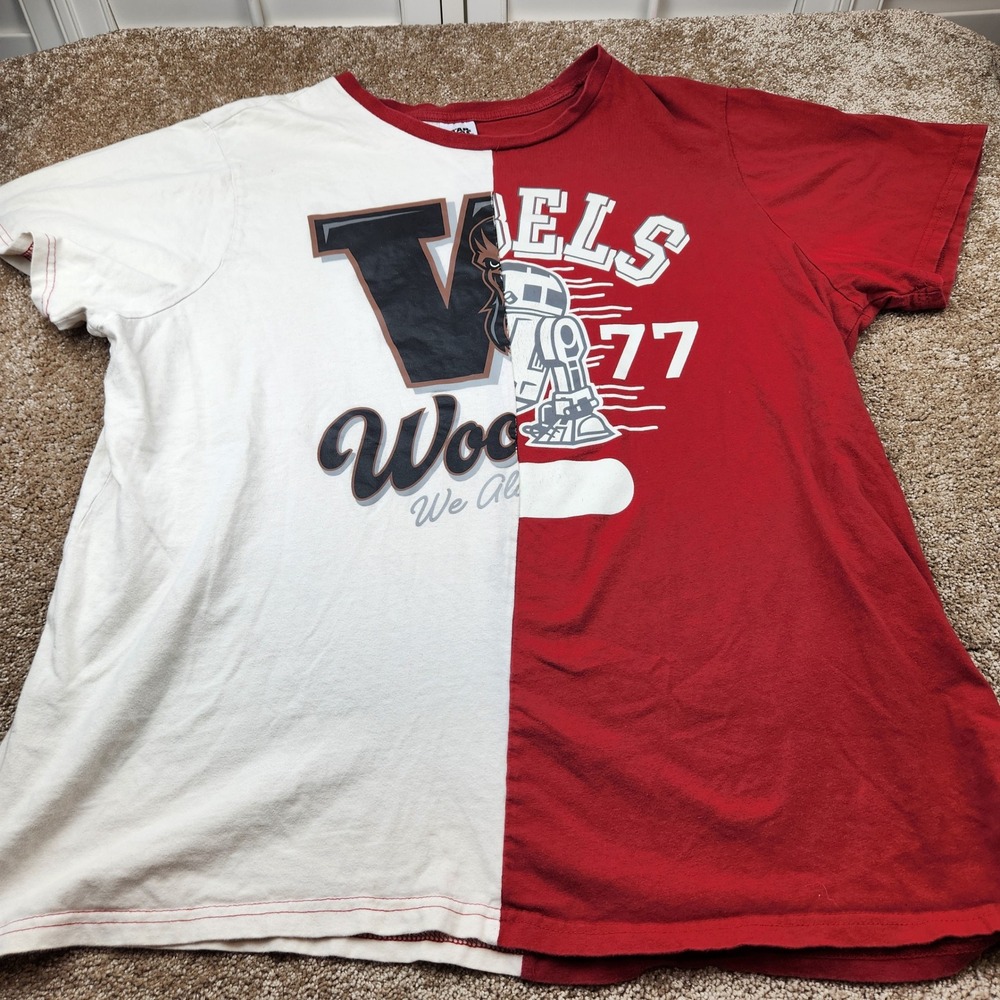 Star‎ Wars Mens XXL Split Graphic T-Shirt Red Cream Wookiee Rebels 77 R2-D2 Tee